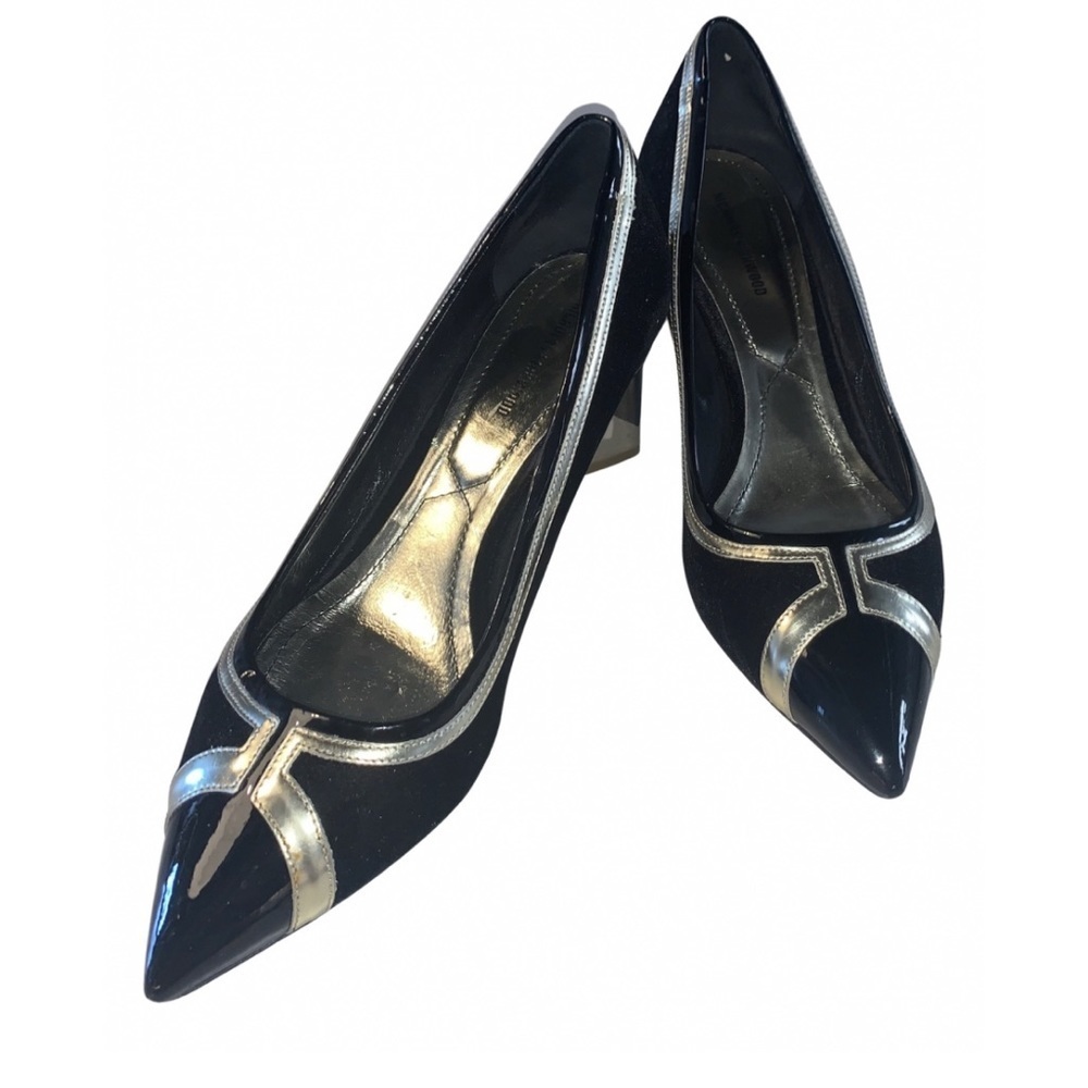 Nicholas Kirkwood Black Gold Patent Leather Suede Block Heel Womens Size IT 39.5